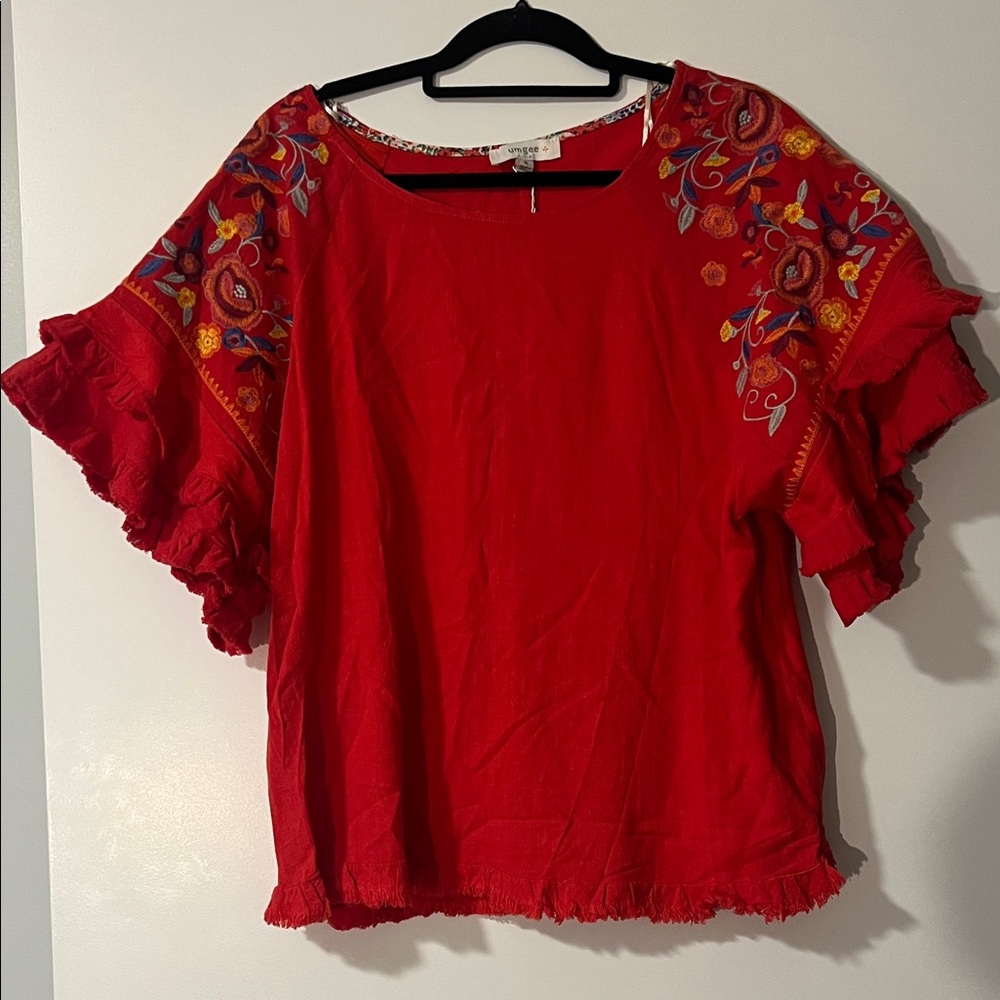 Umgee XL Red/Orange Embroidered Ruffle Sleeve Raw Hem Short Sleeve Top NWT